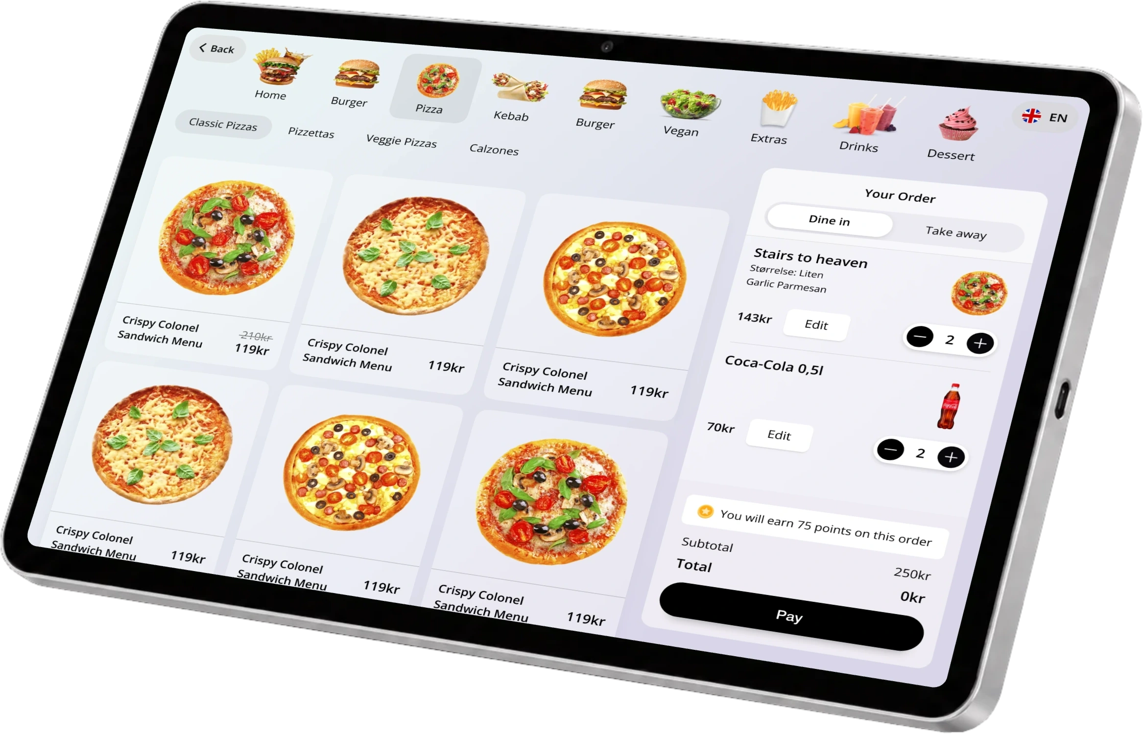 ninitos selvbetjeningsmenu på iPad