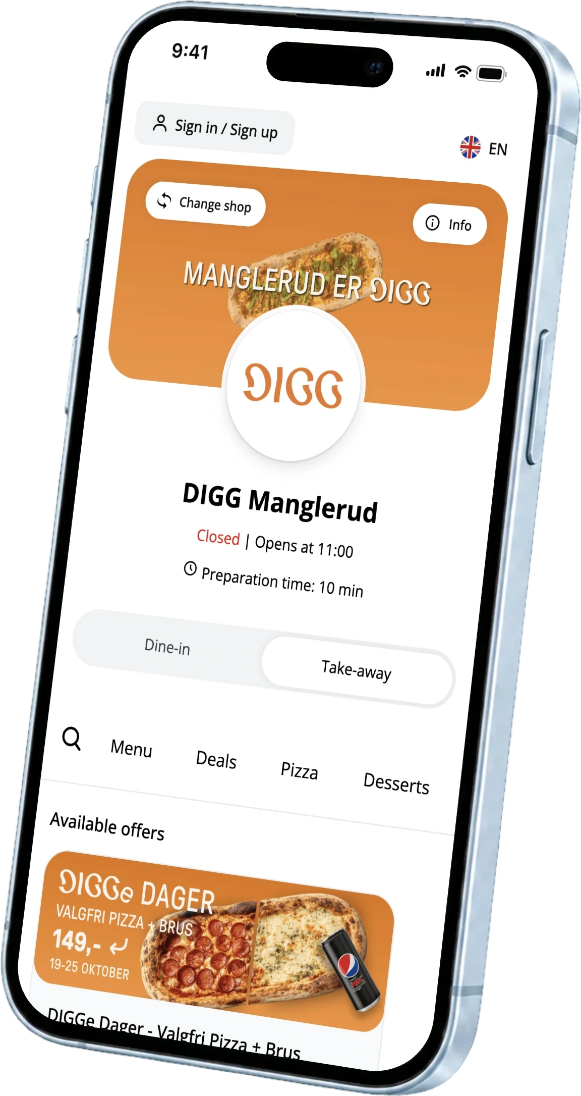 المتجر الإلكتروني لمطعم DIGG Pizza Manglerud