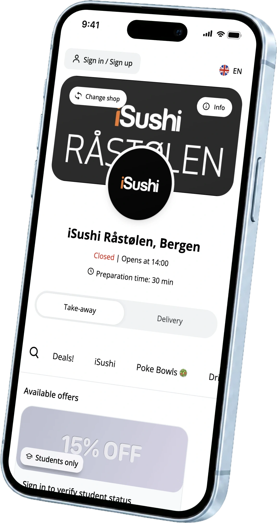 المتجر الإلكتروني لمطعم iSushi Råstølen في برغن