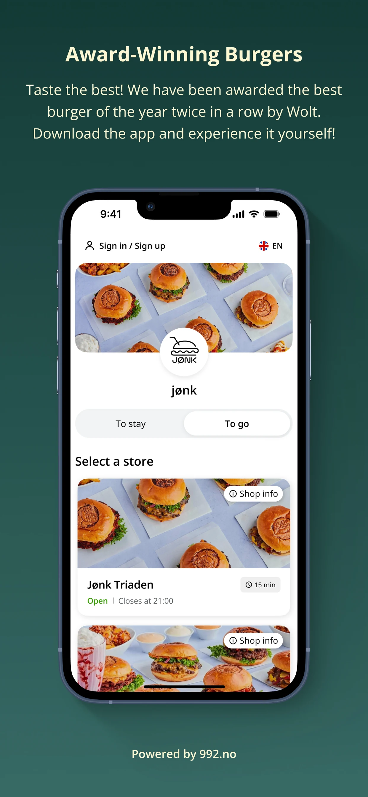 Original forhåndsvisning fra App Store av Jønk Burgers egen bestillingsapp