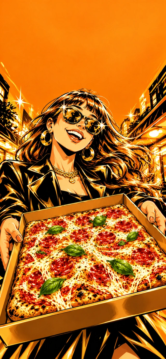 Tranh minh họa gốc tông cam và vàng kim về một phụ nữ cầm hộp pizza