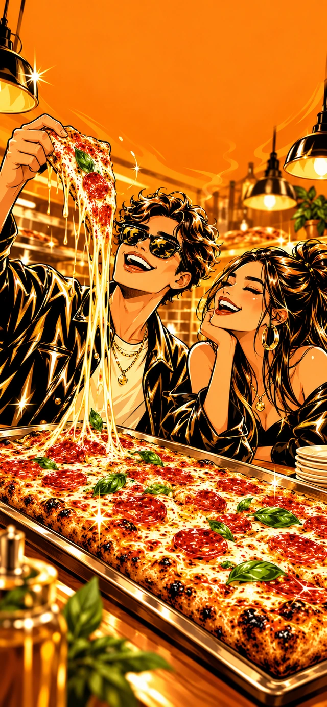 Tranh minh họa gốc tông cam và vàng kim về nhóm bạn cùng ăn pizza