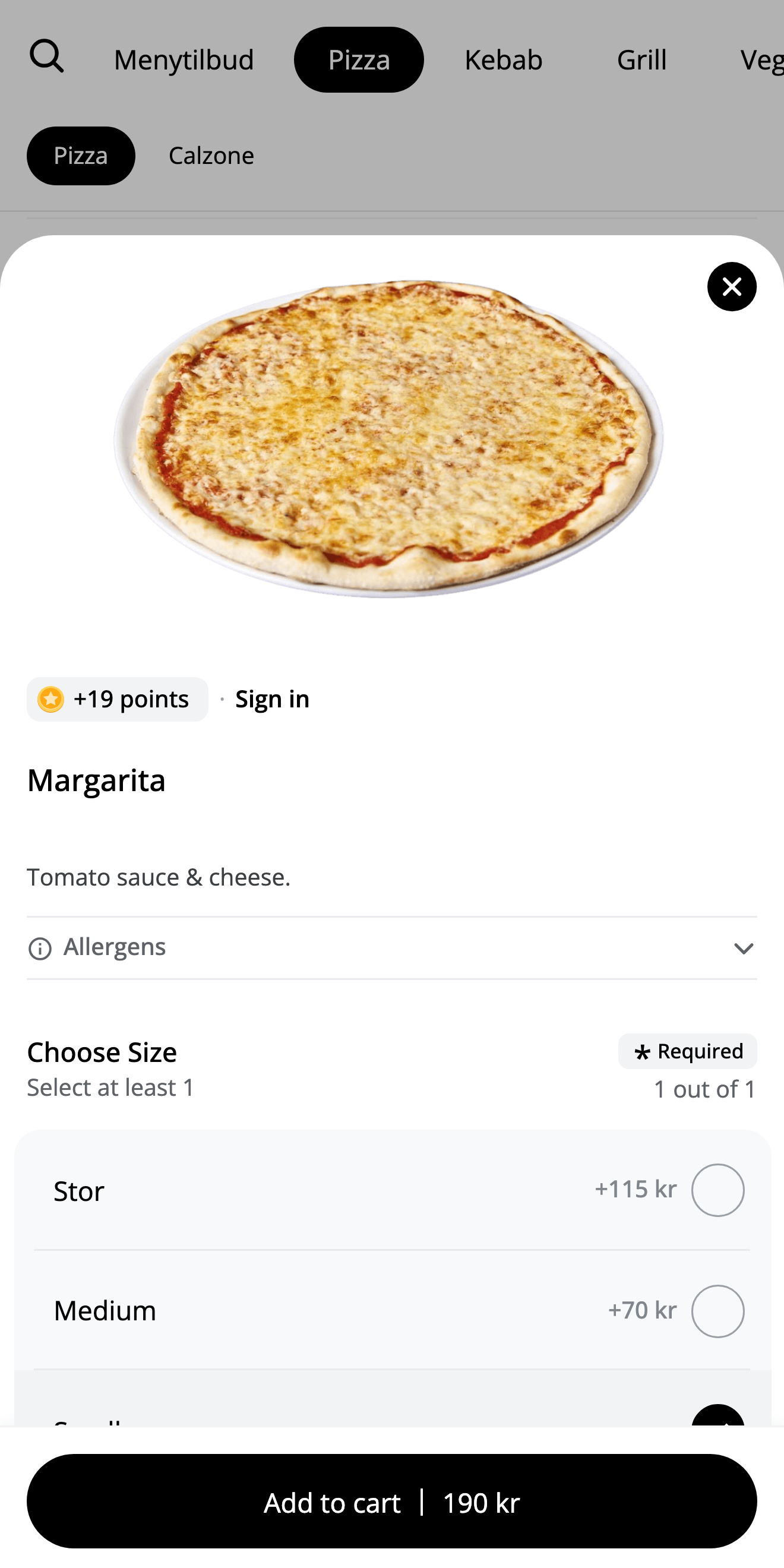 Bản xem trước giao diện đặt món trực tuyến của Balkan - Pizza & Kebab House, hiển thị một sản phẩm và các tùy chọn đặt món