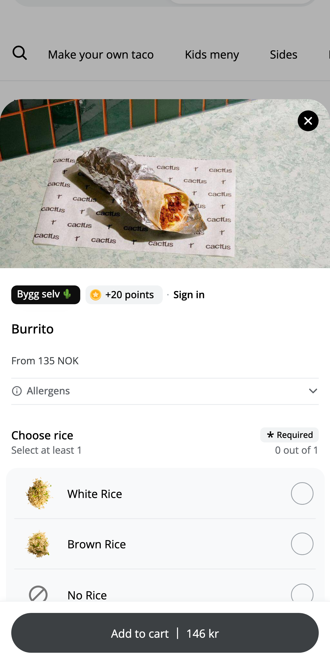 Bản xem trước giao diện đặt món trực tuyến của Cactus Taco, hiển thị một sản phẩm và các tùy chọn đặt món