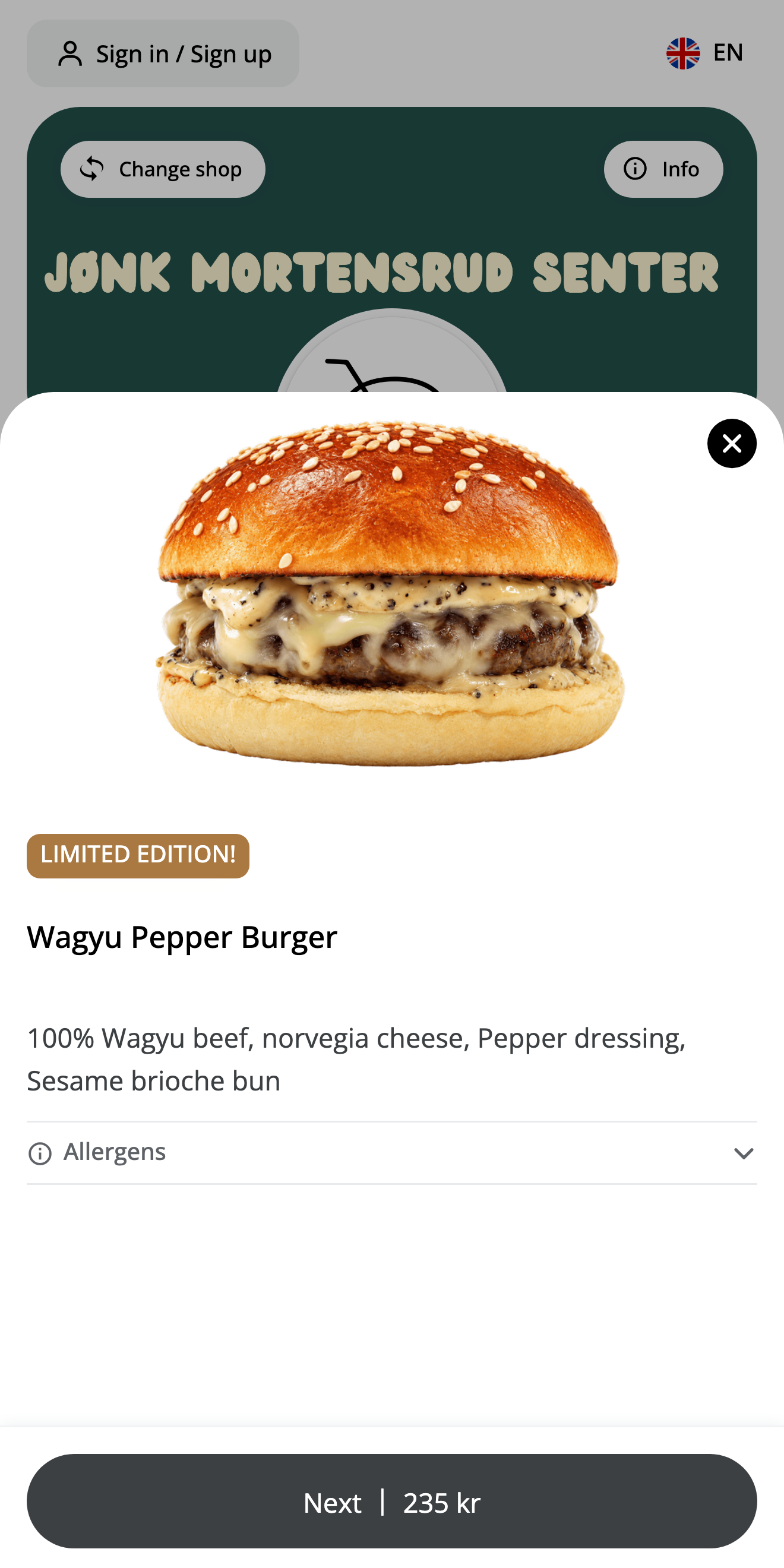 Bản xem trước giao diện đặt món trực tuyến của Jønk Burger, hiển thị một sản phẩm và các tùy chọn đặt món