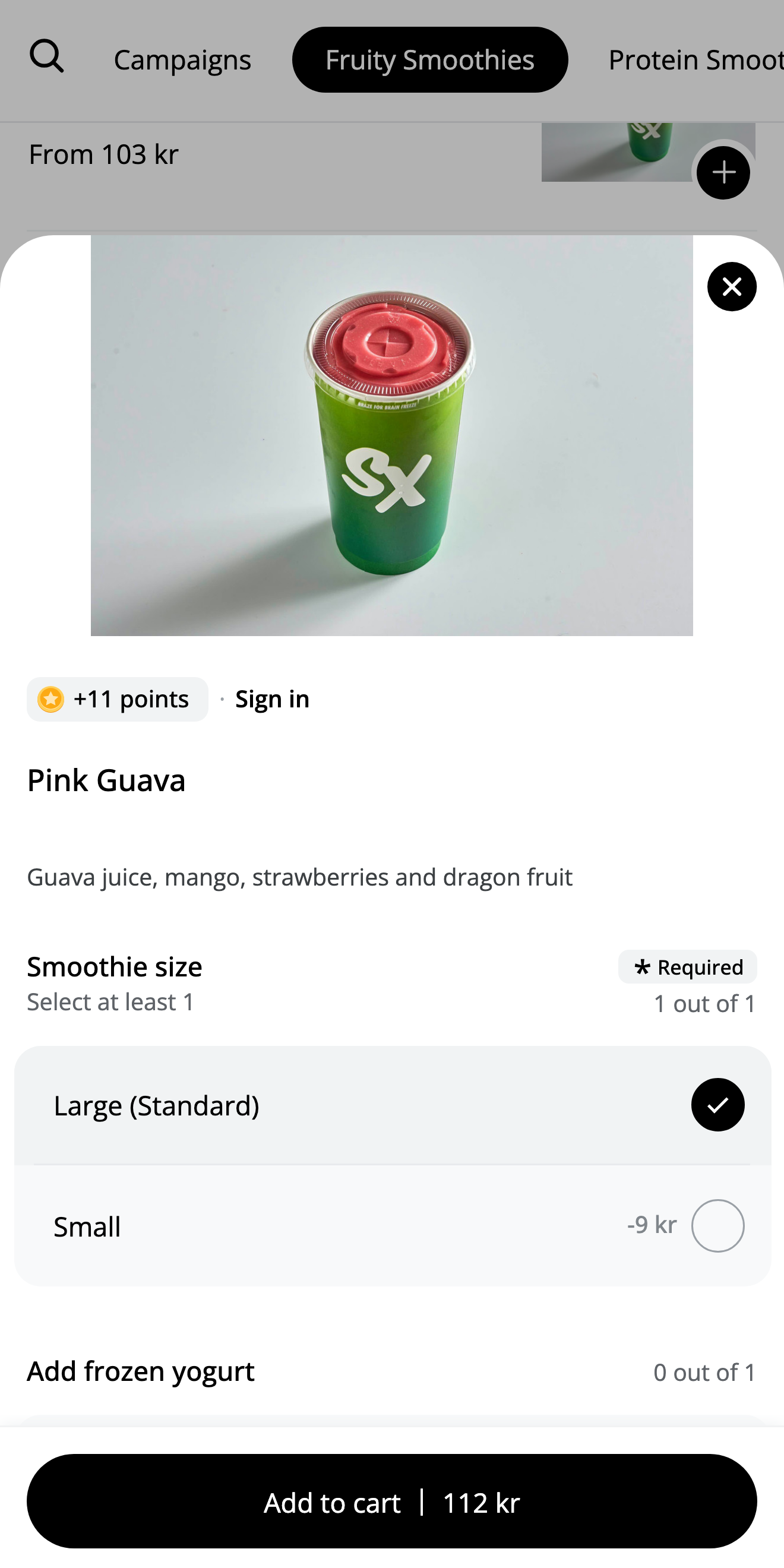 Bản xem trước giao diện đặt món trực tuyến của SmoothieXchange, hiển thị một sản phẩm và các tùy chọn đặt món
