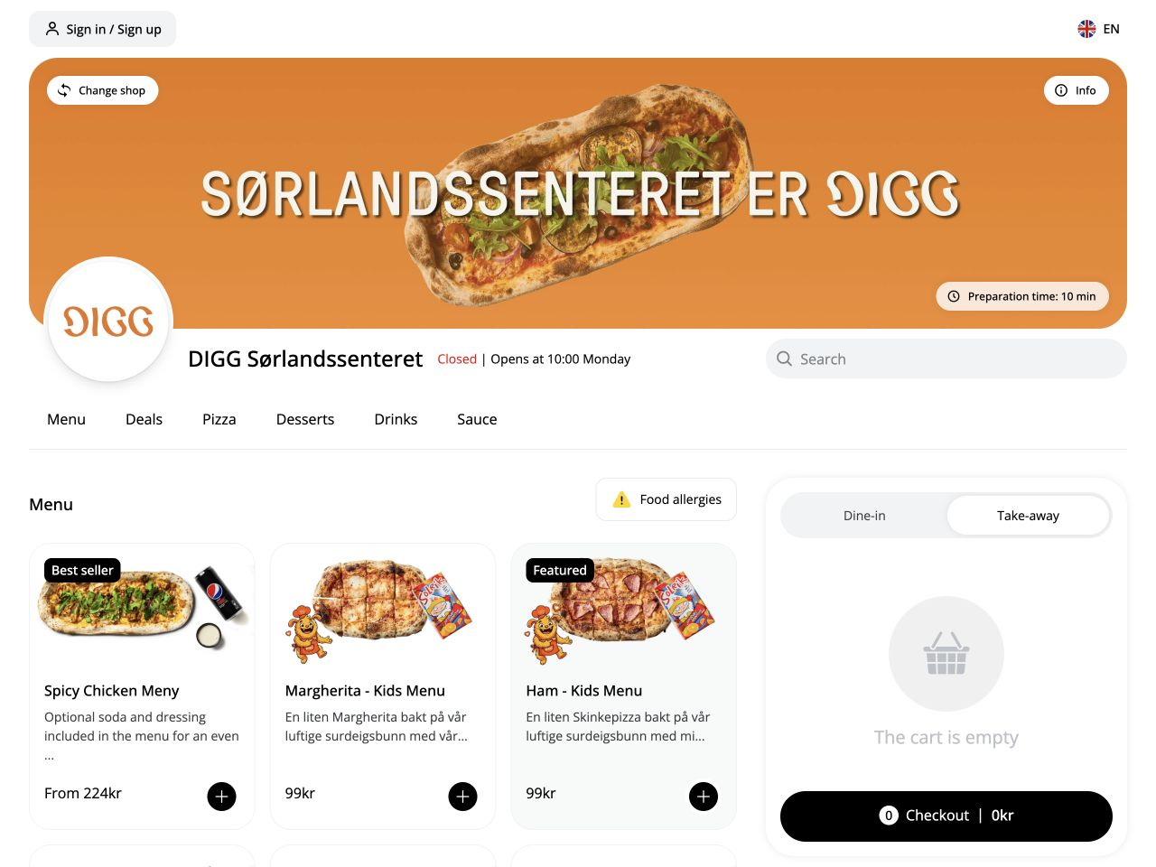 iPad پر دکھایا گیا DIGG Sørlandssenteret کی اصل آن لائن شاپ کا مینو اور کارٹ