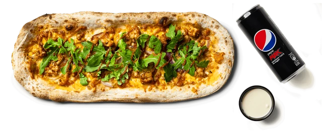 An original photograph of a chicken pizza, drink and dip