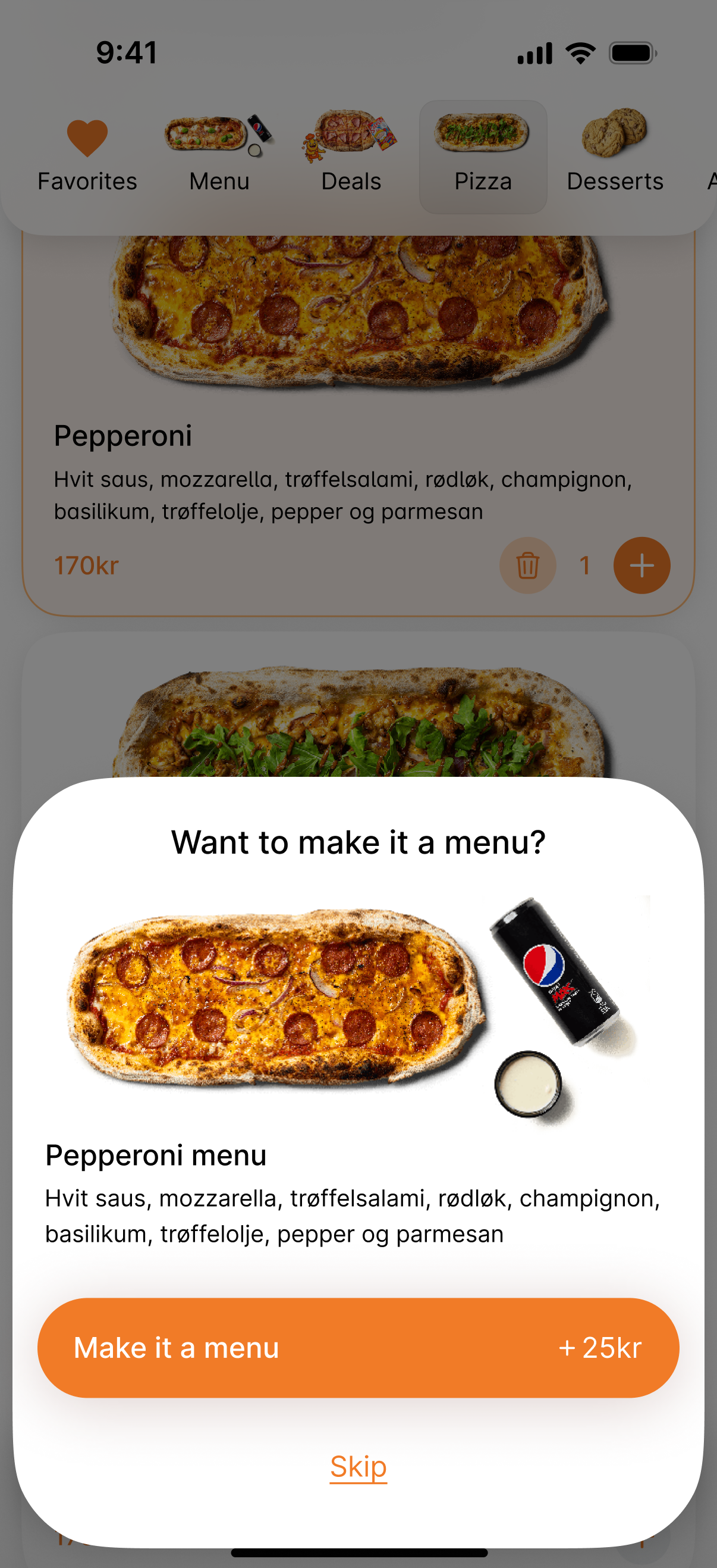 Original måltidsopgradering fra DIGG med pizza, en drik, dressing og en tydelig merpris
