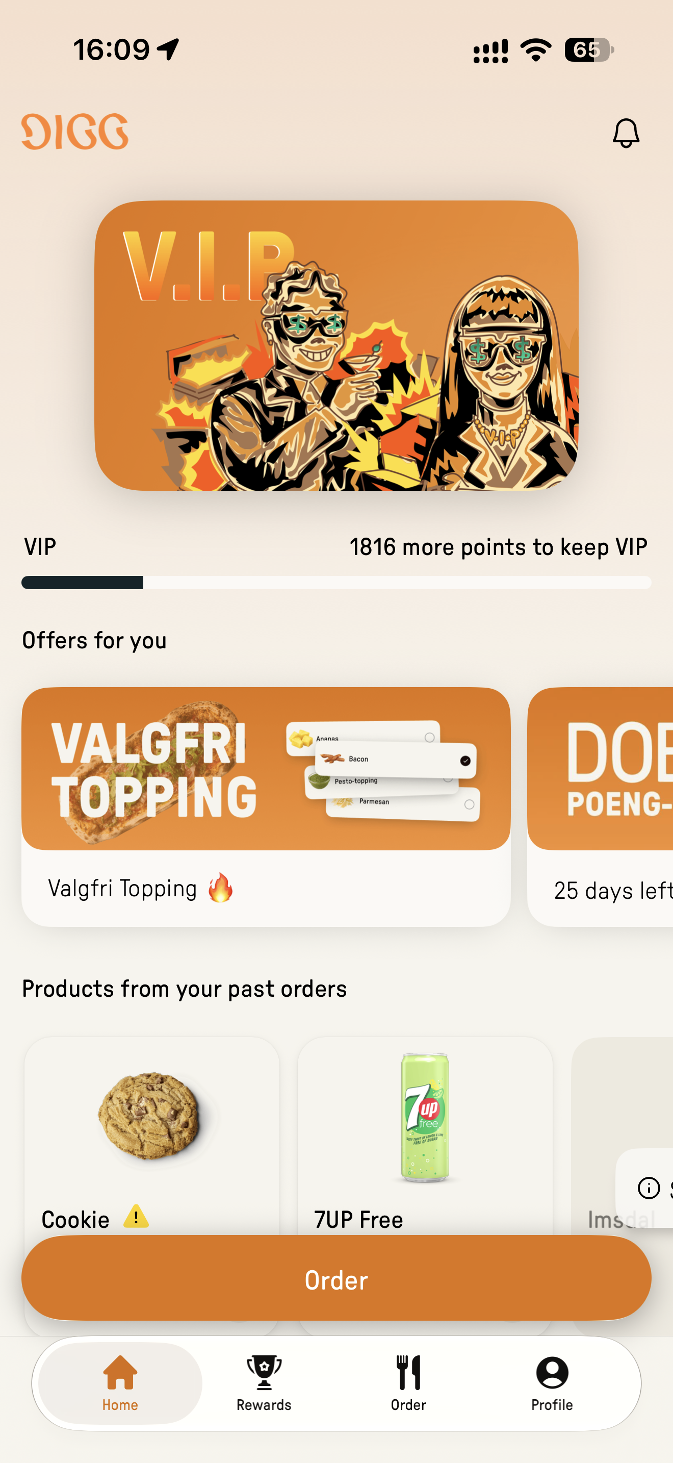 Dagens DIGG-hjemskjerm med VIP-nivå, personlige tilbud, tidligere bestillinger og bestillingsknapp