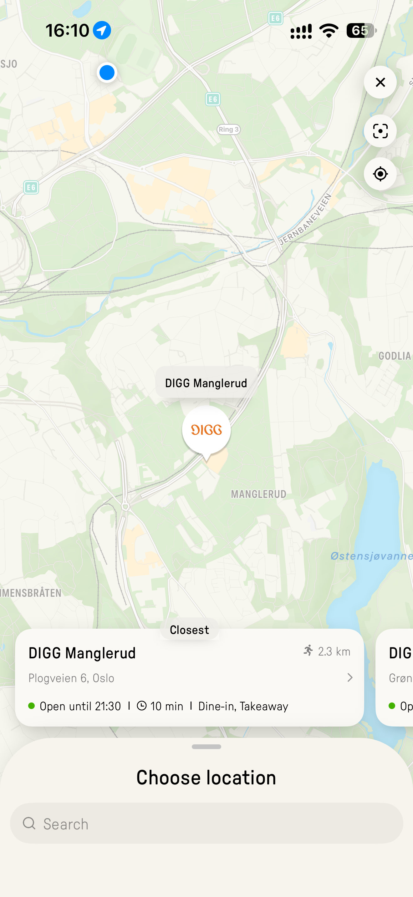 Original restaurantvælger i DIGG-appen med kort og den valgte restaurant i Manglerud, Oslo