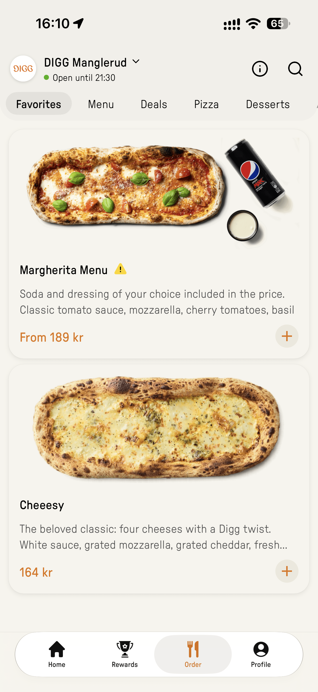 DIGG-menu med favoritter, kategorier, madfotos, priser og knapper til at tilføje retter