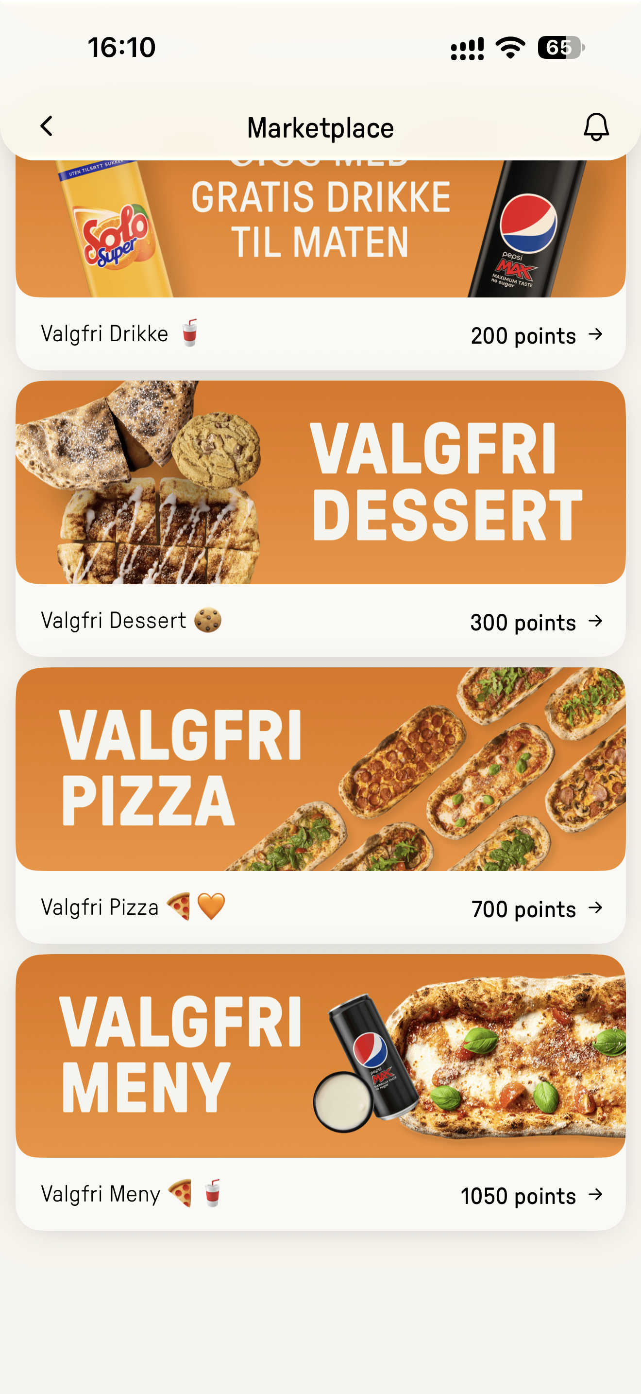 DIGGs pointbutik med drikkevarer, desserter, pizzaer og måltider samt de point, der kræves for at indløse dem