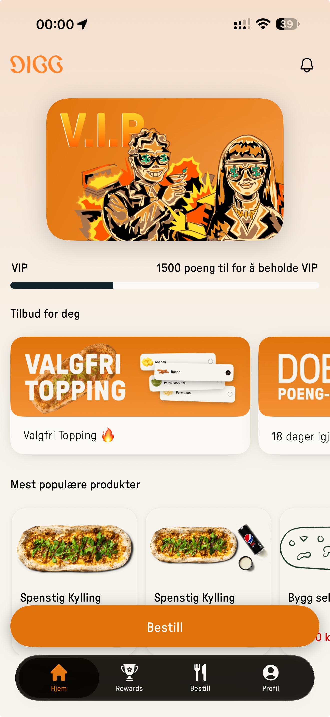 Den originale startskærm i DIGG-appen med et spilbart eksempel på Pizza Rush