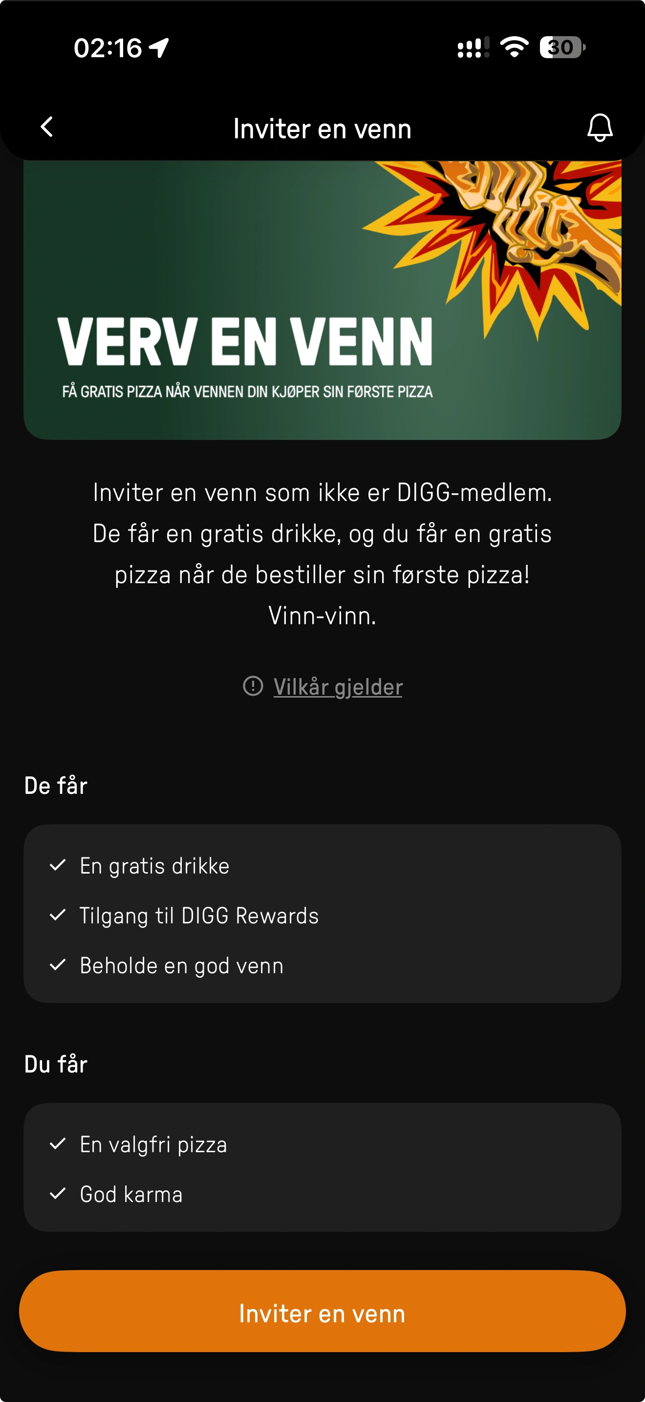Hele DIGGs skærm til at invitere en ven med den grønne Verv en venn-grafik, vennens velkomstdrik og medlemmets pizzabelønning