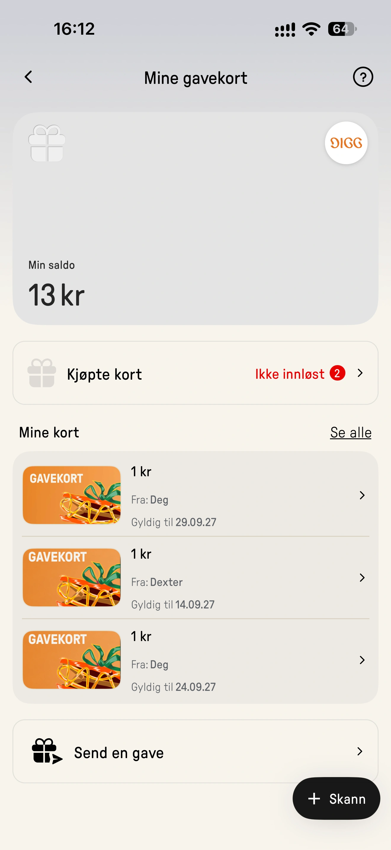DIGGs gavekortoversigt med tre kort på 500 kr og en samlet disponibel saldo på 1.500 kr