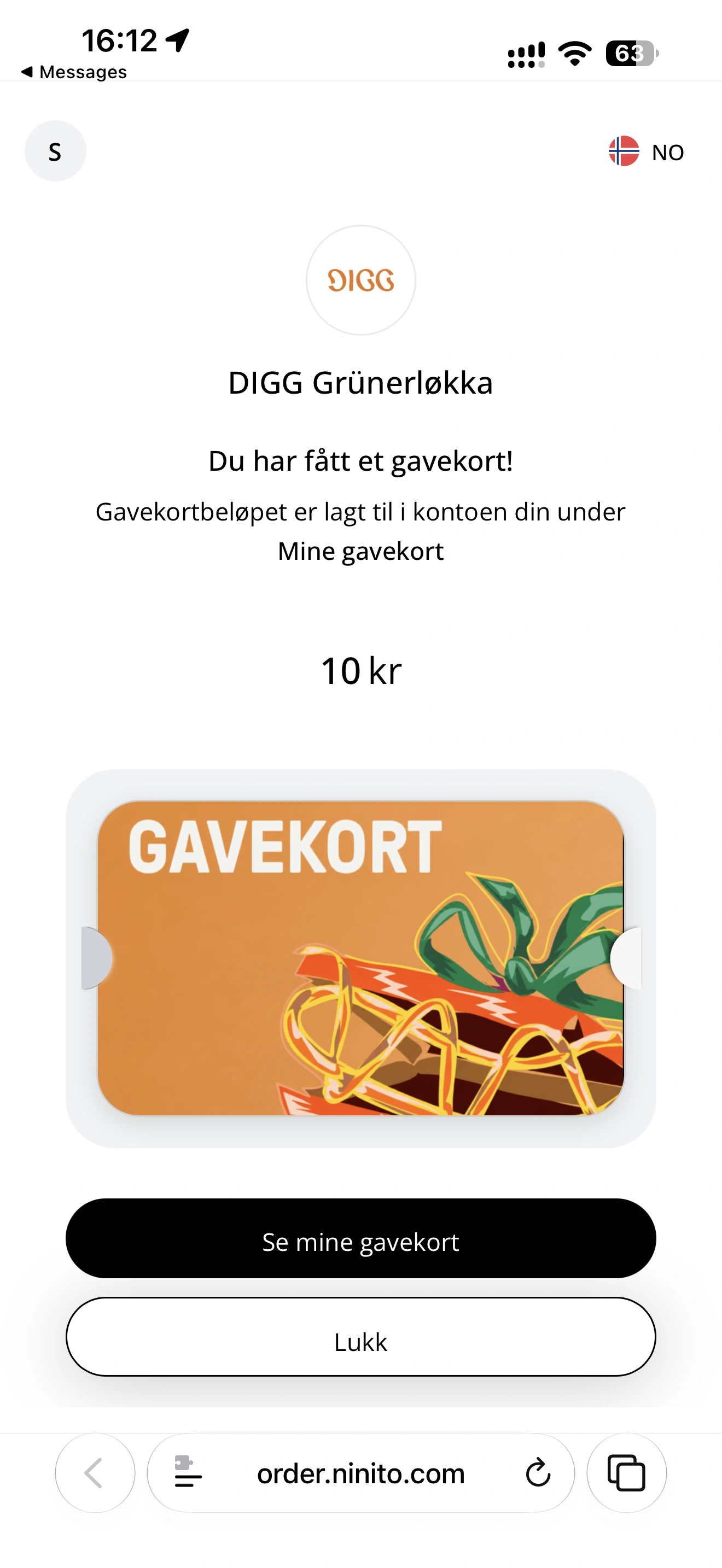 Et modtaget DIGG-gavekort på 500 kr med beløbet tilføjet til modtagerens konto