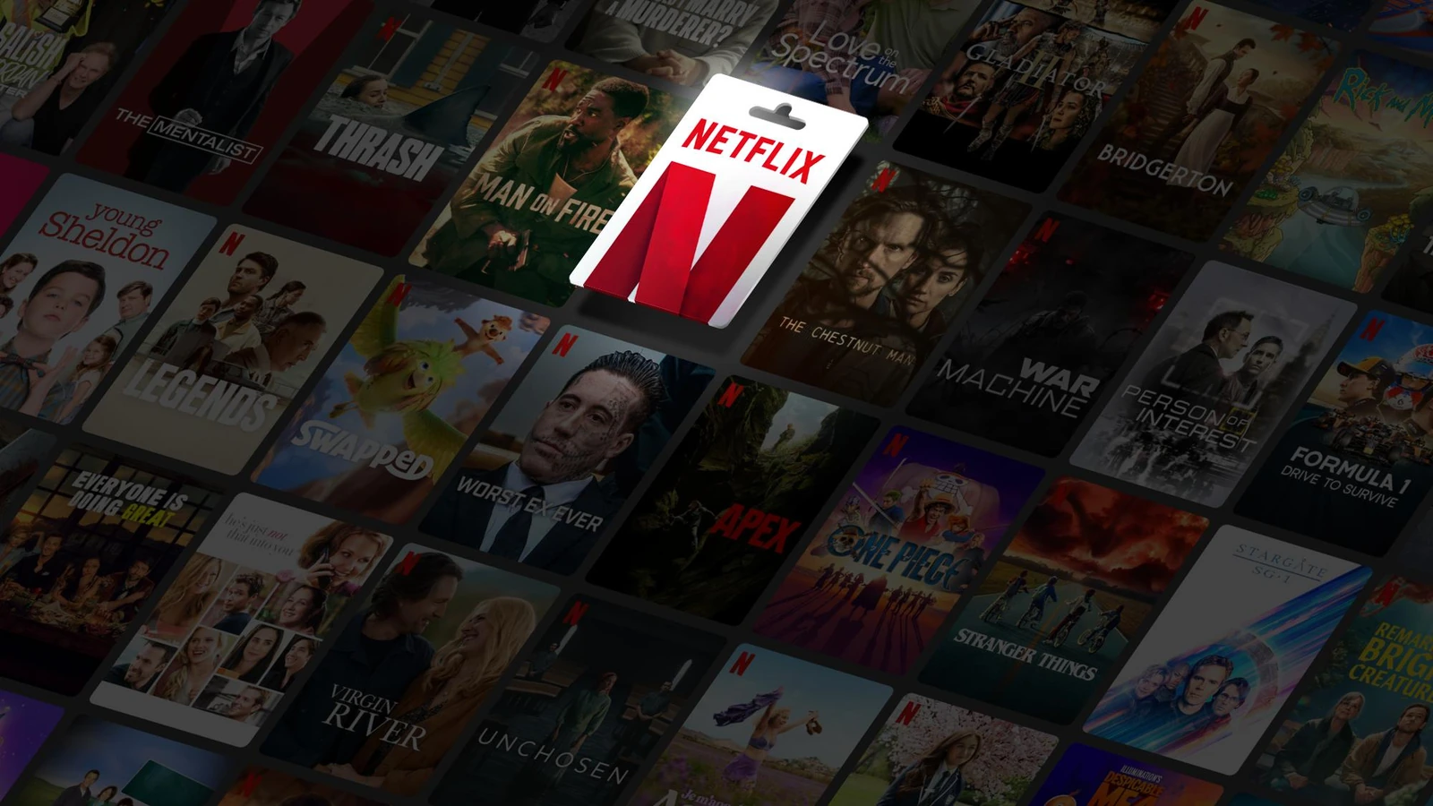 Et Netflix-gavekort omgivet af film og serier i Netflix' officielle gavekortkampagne