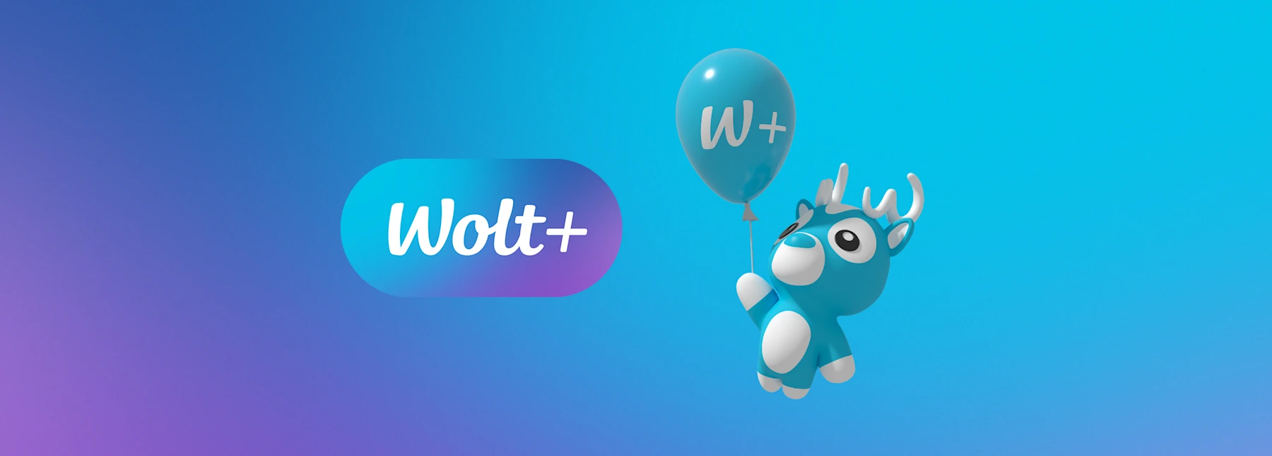 Officielt Wolt+-billede med medlemslogoet og en blå maskot med en ballon