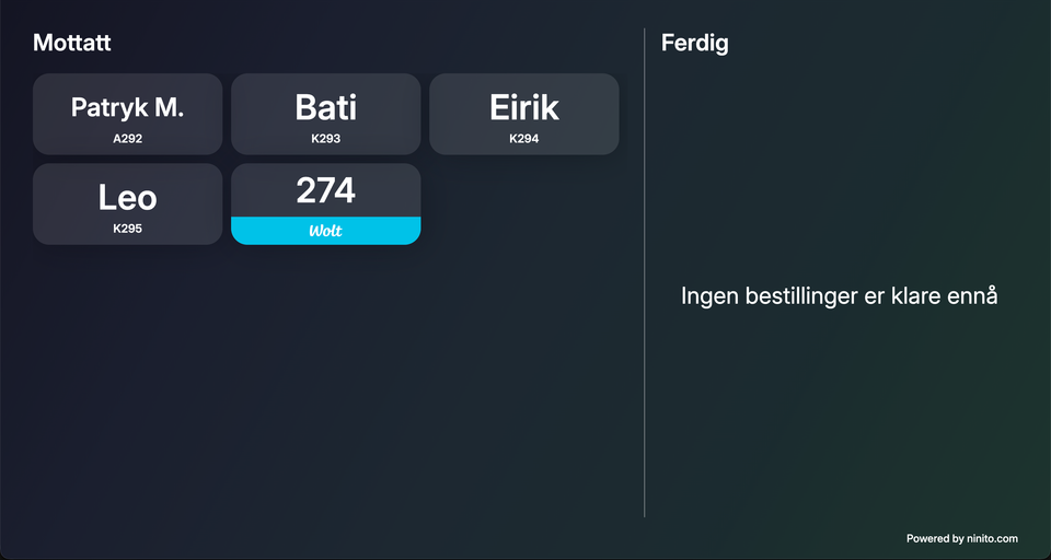Den originale kundeskjermen fra ninito viser mottatte bestillinger med navn og referanse, med Ferdig-kolonnen til høyre